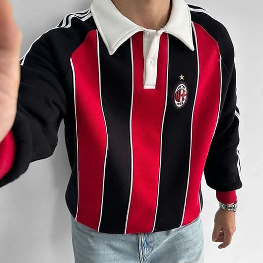AC Milan Retro Striped Rugby Shirt (Black/Red)
