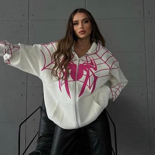 🕷️ Spider Web Oversized Zip-Up Hoodie (Black & White Variants)