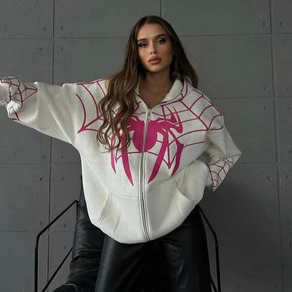 🕷️ Spider Web Oversized Zip-Up Hoodie (Black & White Variants)
