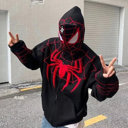 🕷️ Spider Web Oversized Zip-Up Hoodie (Black & White Variants)