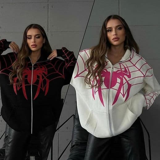 🕷️ Spider Web Oversized Zip-Up Hoodie (Black & White Variants)